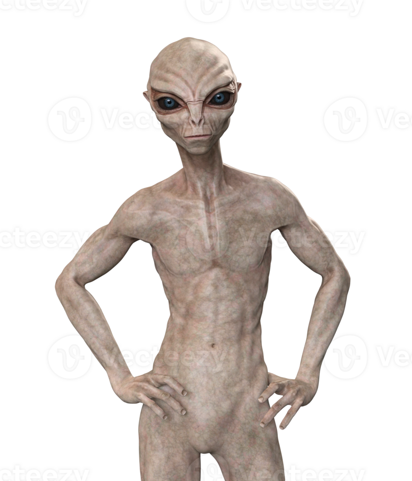 Grey alien on transparent background, 3d render png