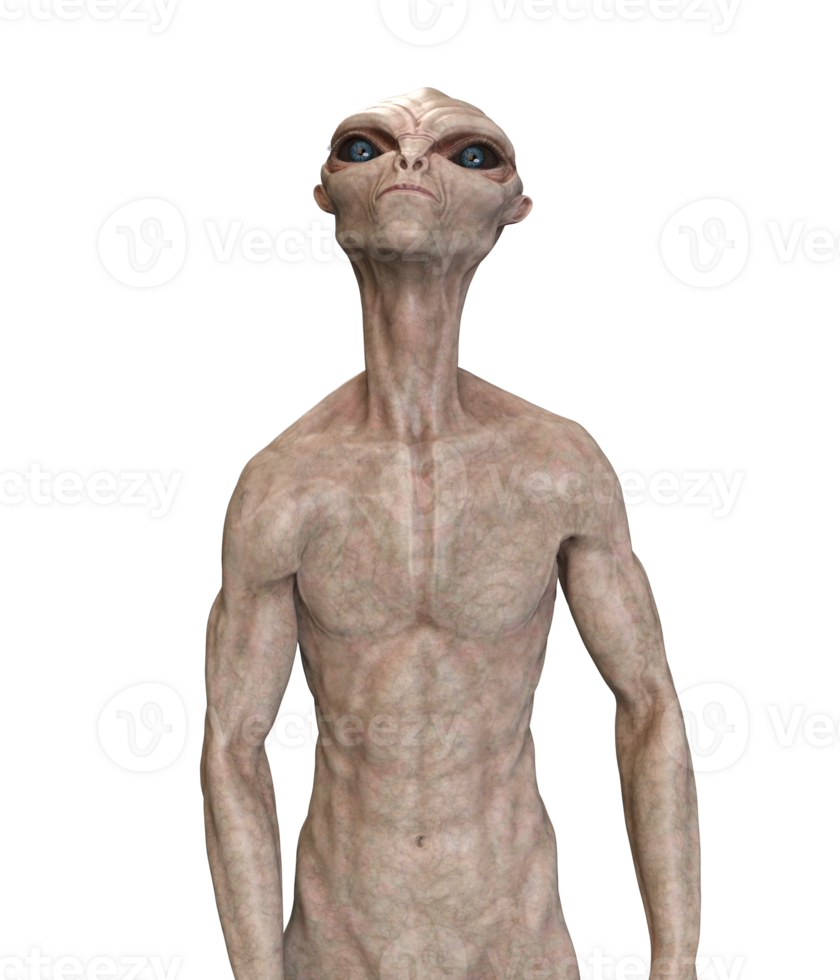 Grey alien on transparent background, 3d render png