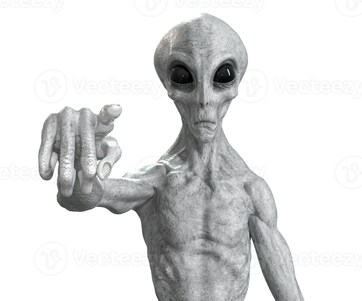 Grey alien on transparent background, 3d render png