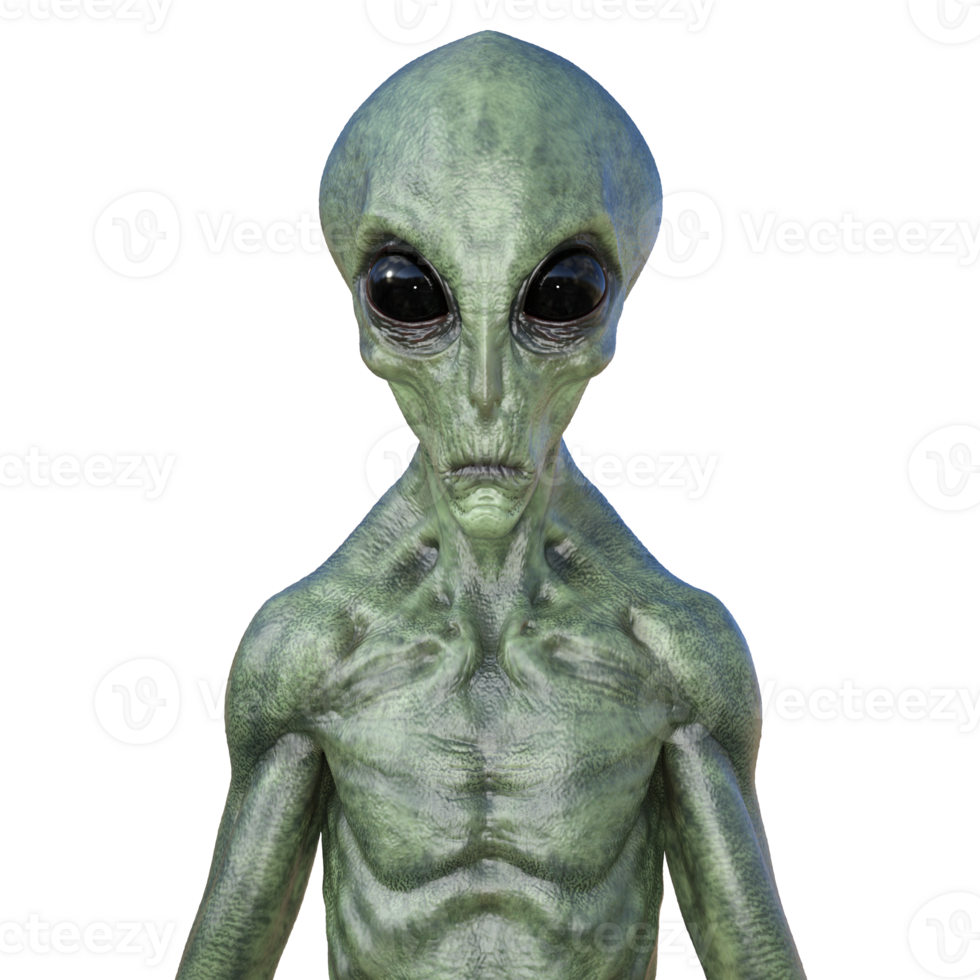 Green alien on transparent background, 3d render png