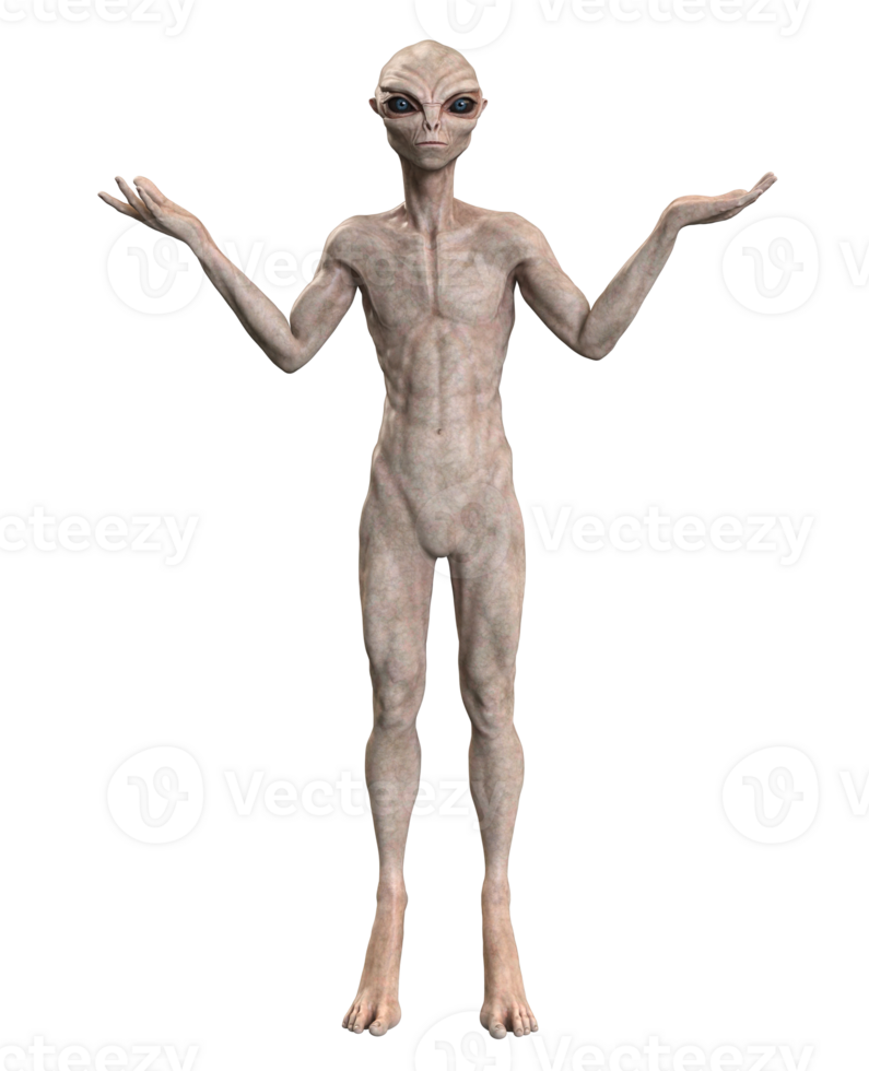 Grey alien on transparent background, 3d render png