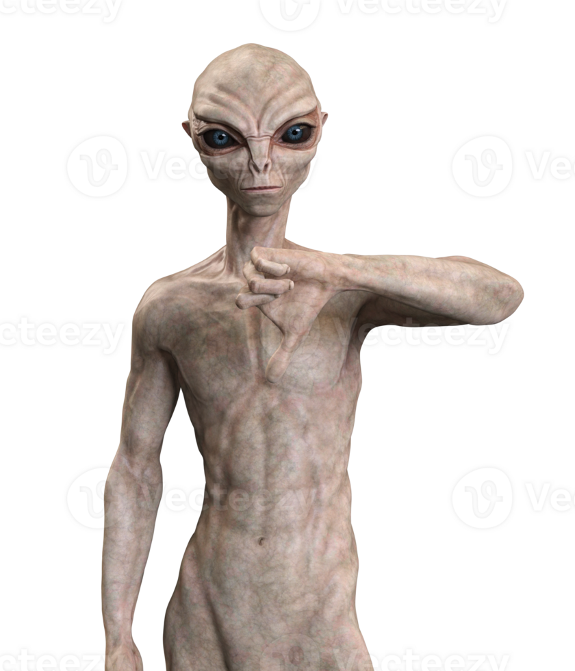 Grey alien on transparent background, 3d render png