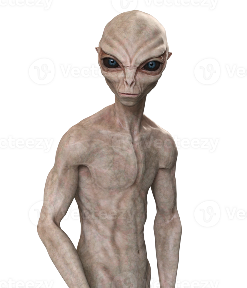 Grey alien on transparent background, 3d render png