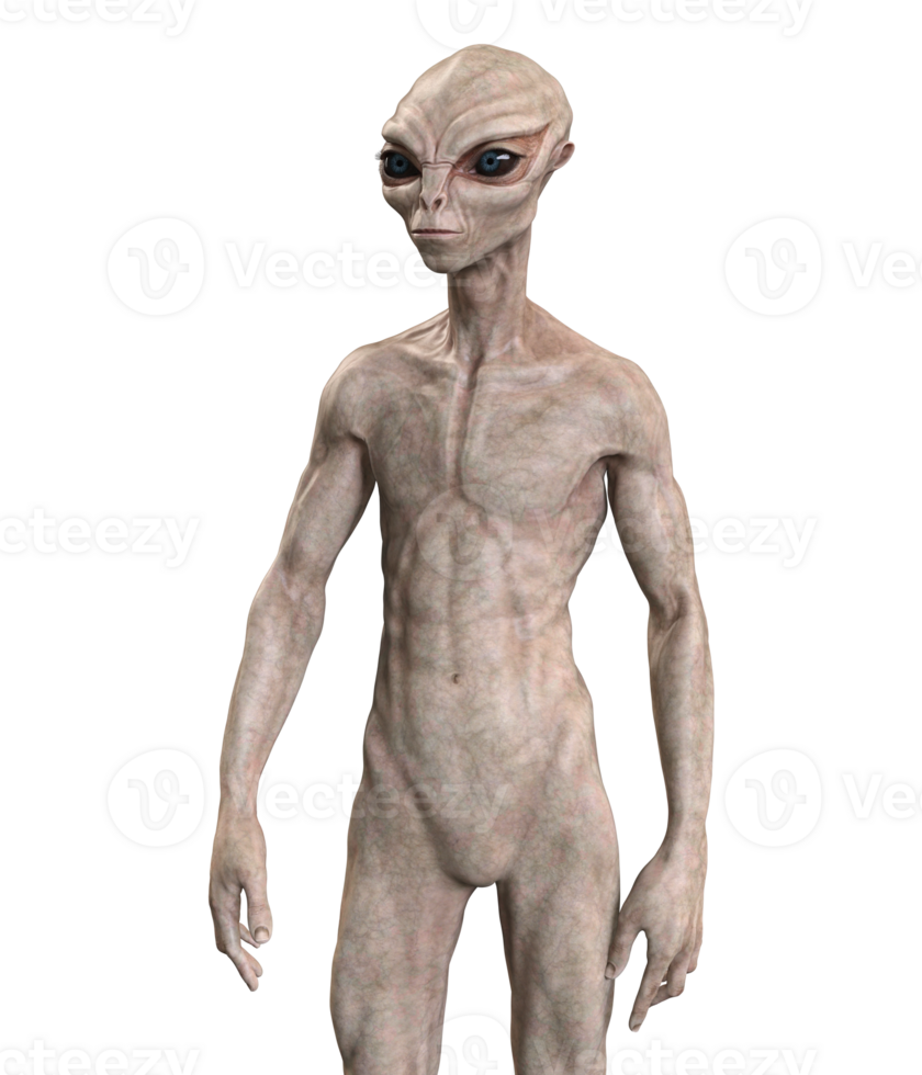 Grey alien on transparent background, 3d render png