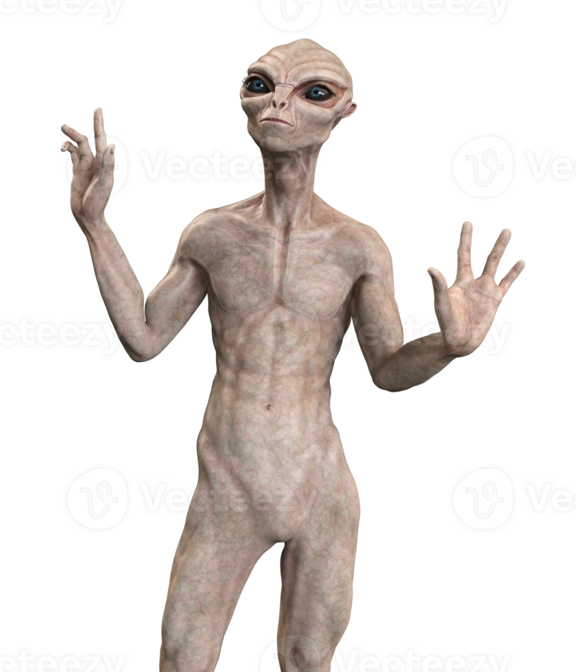 Grey alien on transparent background, 3d render png