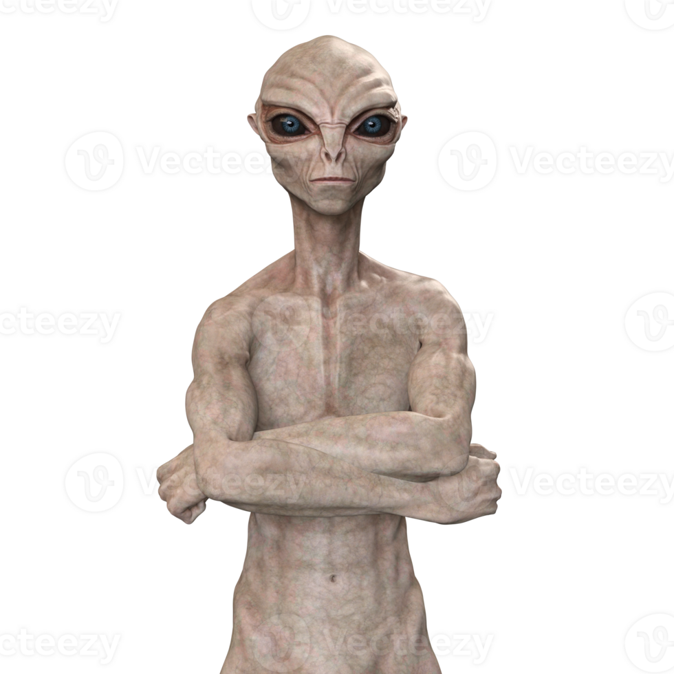 Grey alien on transparent background, 3d render png