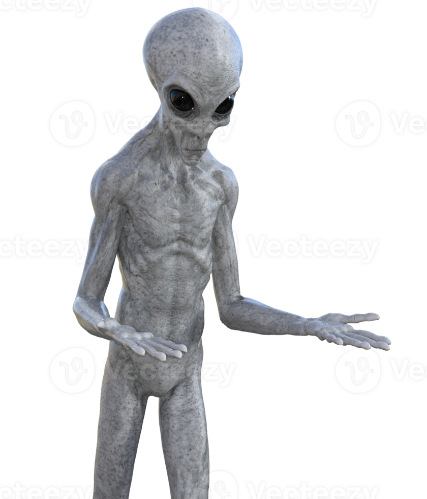 Grey alien on transparent background, 3d render png