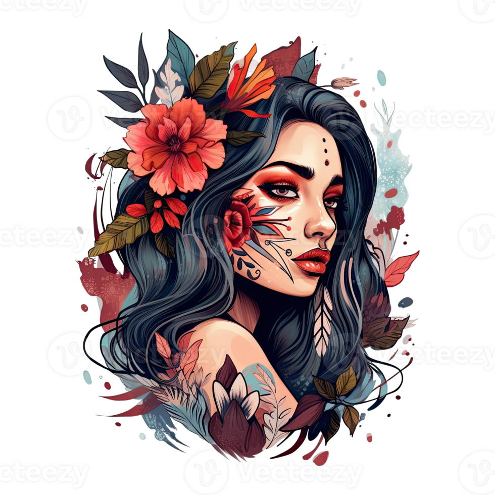 Tattoo style portrait of chicano girl, Mexican woman with flowers art, isolated. Generative AI png