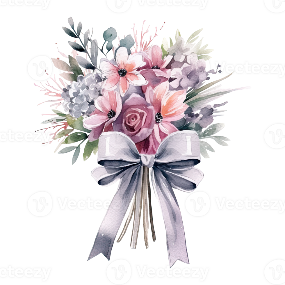 Watercolor delicate bouquet of flowers with a ribbon tied around, isolated. png