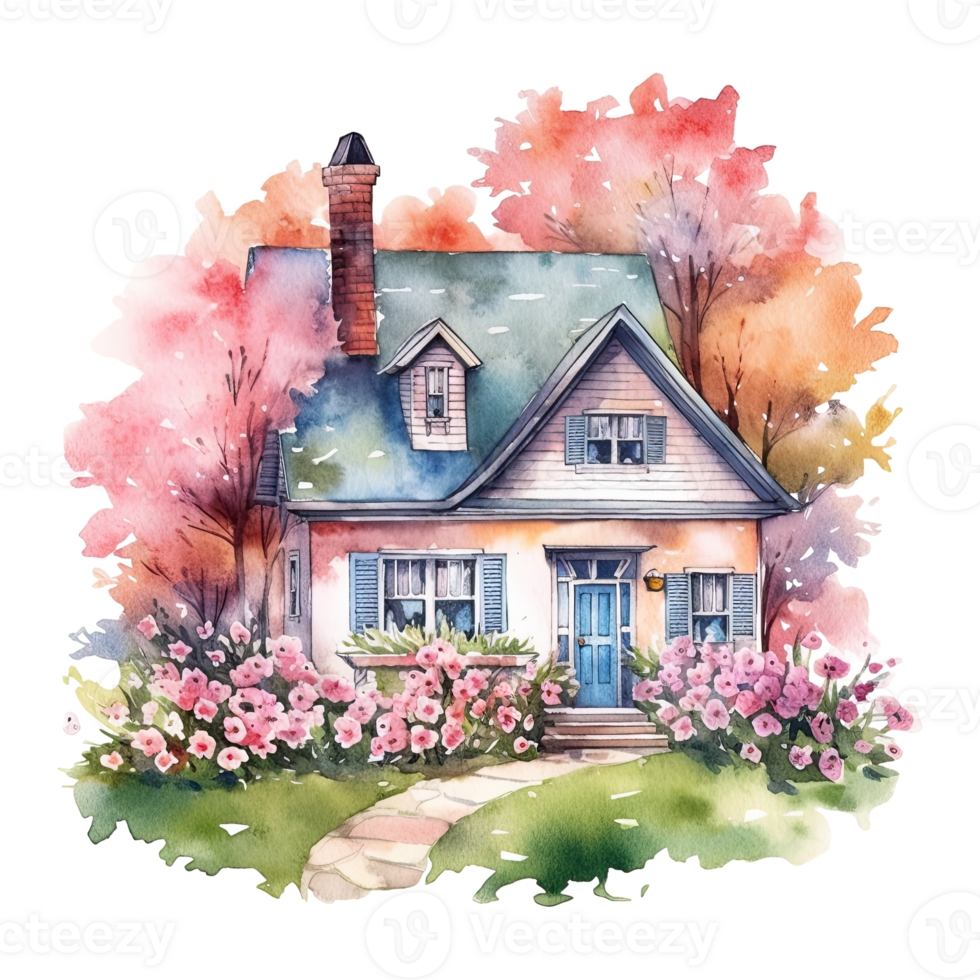 Watercolor cozy cottage surrounded by flowers garden, isolated. Generative AI png