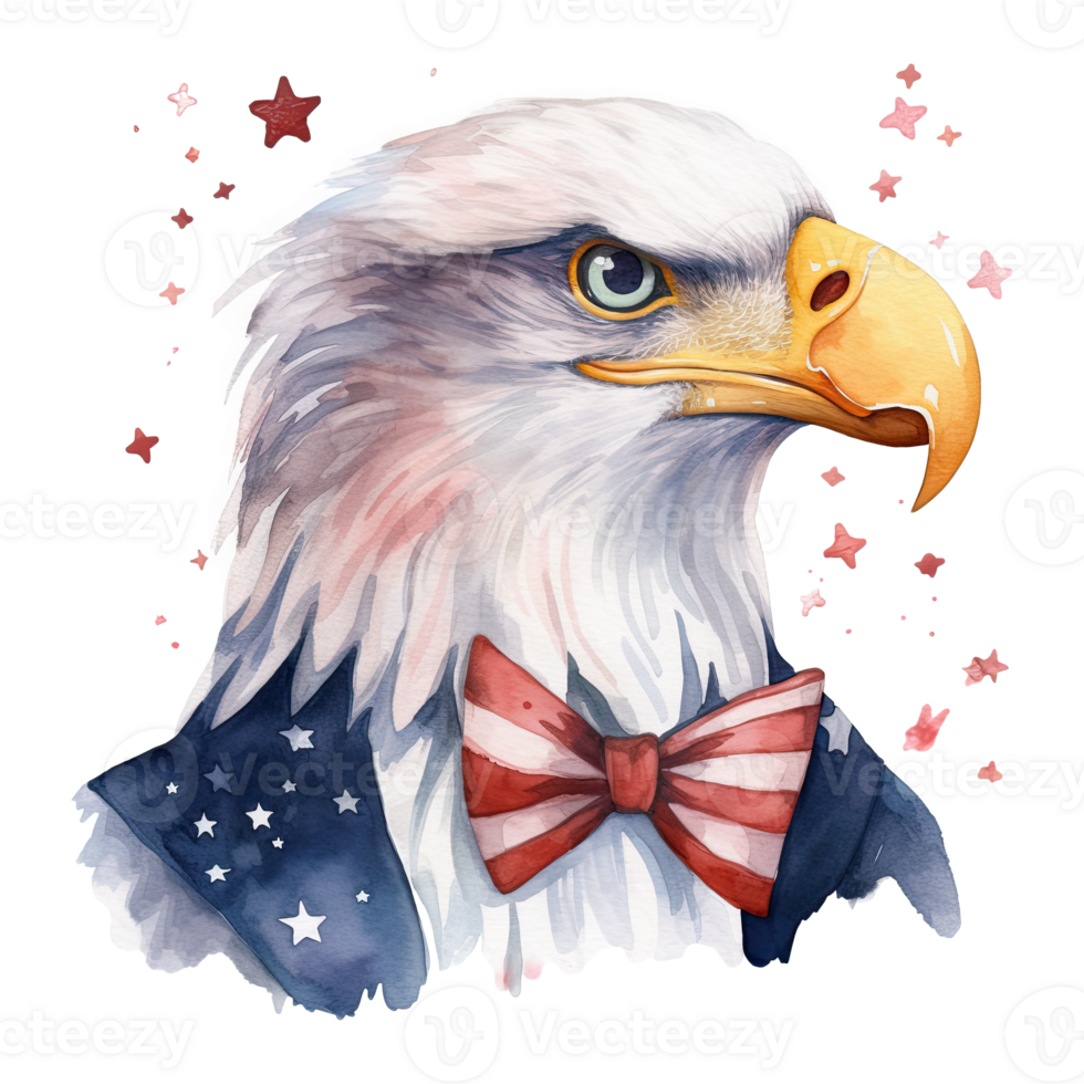 Watercolor happy cute patriotic eagle with American flag print, Fourth 4th of july Independence Day USA, isolated. Generative AI png