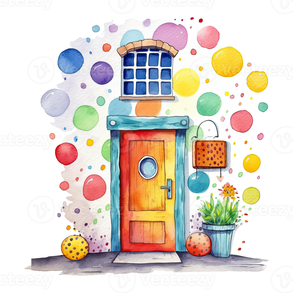Watercolor colorful cute happy house with polka dot, isolated. Generative AI png