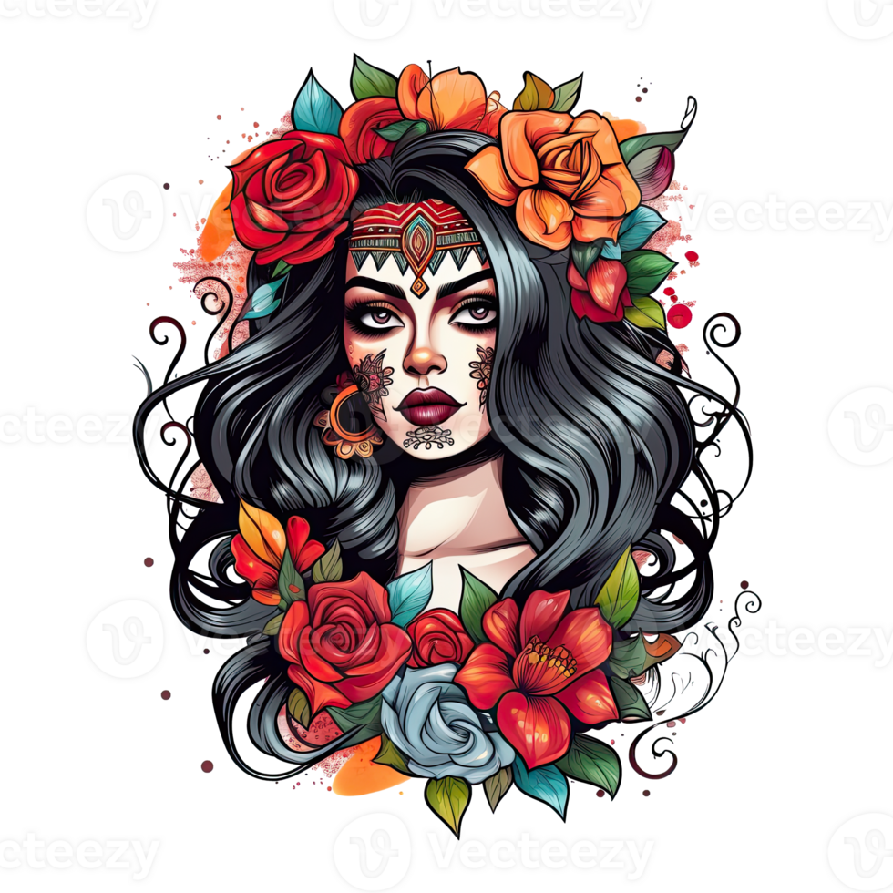 tatuagem estilo retrato do chicano garota, mexicano mulher com flores arte, isolado. generativo ai png