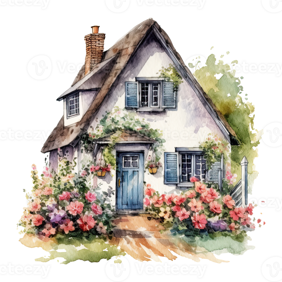 Watercolor cozy cottage surrounded by flowers garden, isolated. Generative AI png