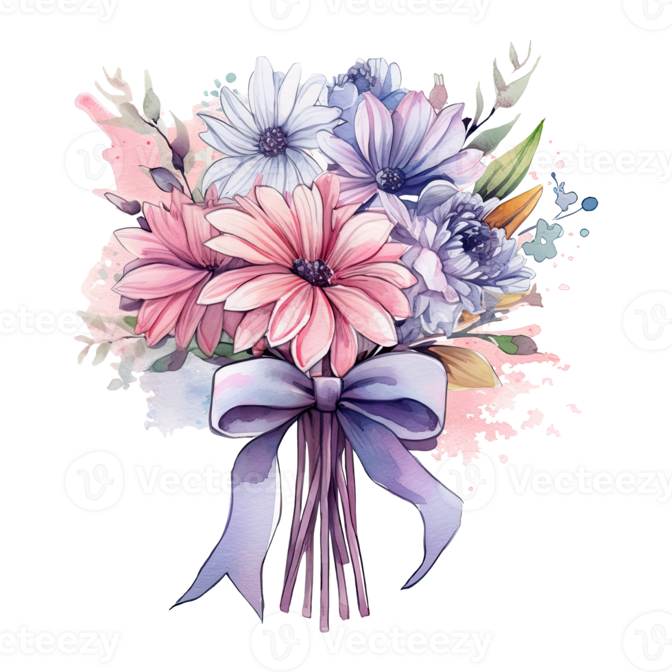 Watercolor delicate bouquet of flowers with a ribbon tied around, isolated. Generative AI png