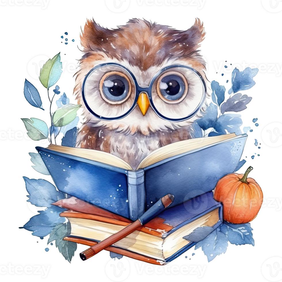 Watercolor cute owl with glasses reading book, isolated. Generative AI png