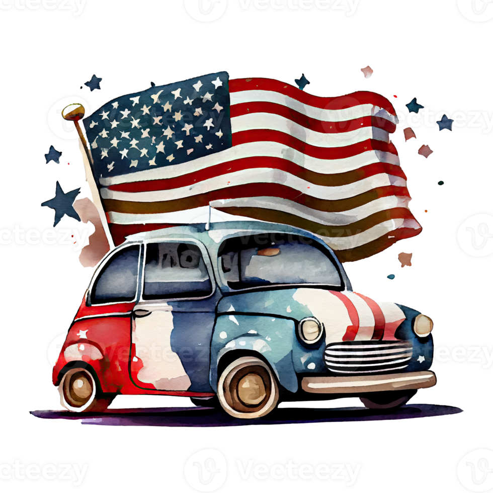 Watercolor cute patriotic car with American flag print, Fourth 4th of july happy Independence Day USA, isolated. Generative AI png