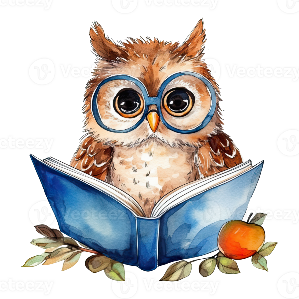 Watercolor cute owl with glasses reading book, isolated. Generative AI png