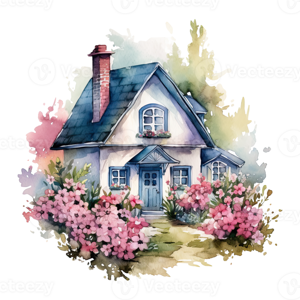 Watercolor cozy cottage surrounded by flowers garden, isolated. Generative AI png