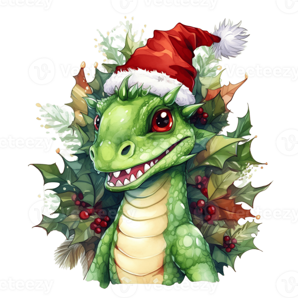 Illustration of a green funny dragon in a Christmas hat isolated on the background. 2024 is the year of the dragon. Generative AI. png