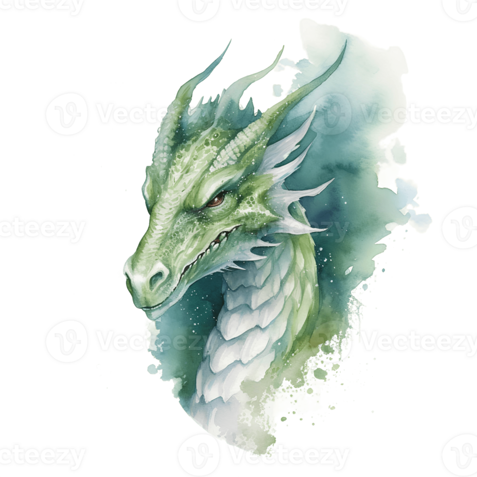 Watercolor portrait of a green ferocious dragon isolated on the background. Generative AI. png