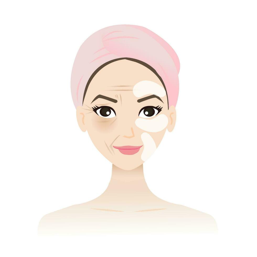 linda mujer aplicar facial máscara parches en cansado cara piel vector aislado en blanco antecedentes. a recuperar arrugas y líneas, frente arrugas, cuervos pies, oscuro circulo y sonrisa líneas.