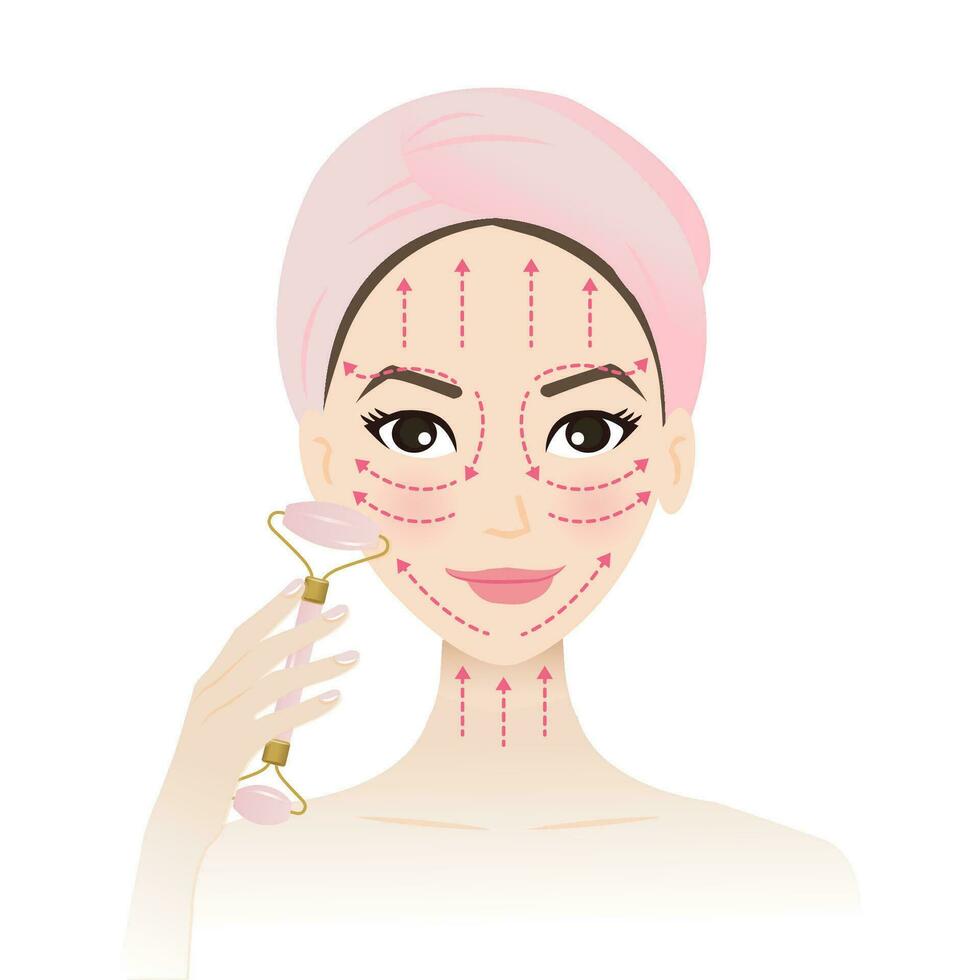 Massage directions for jade roller on cute woman face vector illustration isolated on white background. How to use jade roller massage tool, direction for massage upward across and along the face.