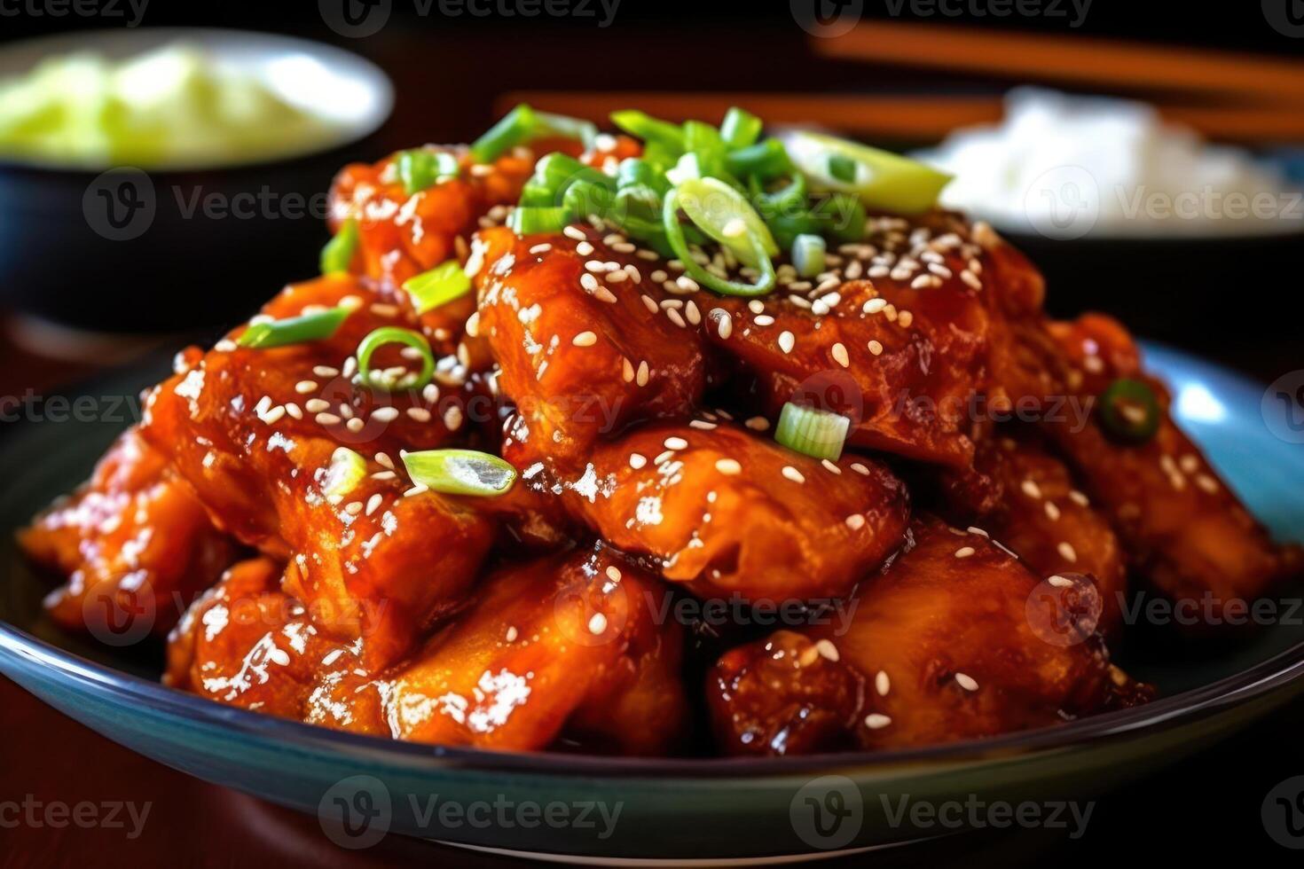 stock photo of Dakgangjeong is a deep fried crispy chicken dish glaze food photography