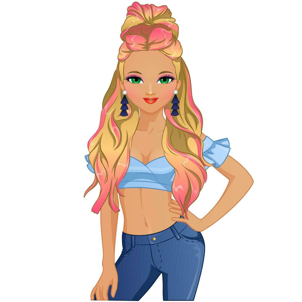 Hair Chalk Hairstyle Cute Cartoon Female Character. Vector Illustration