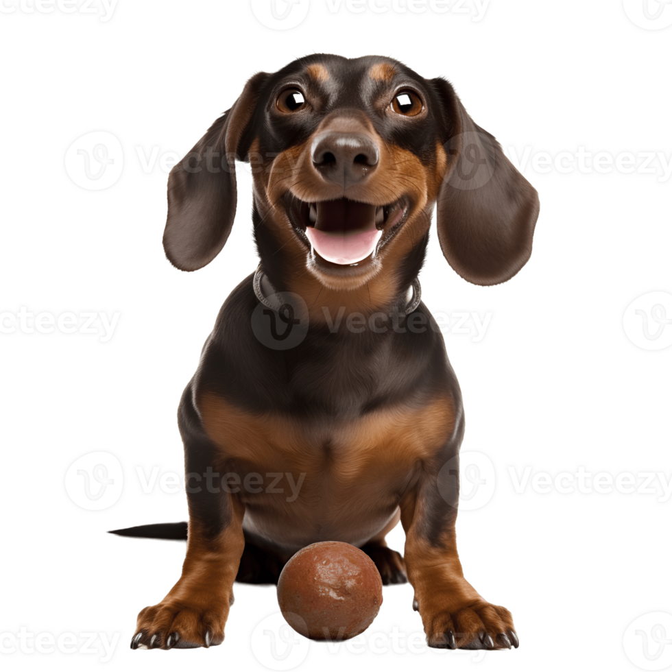 A happy dachshund dog is sitting with a ball isolated on background. png