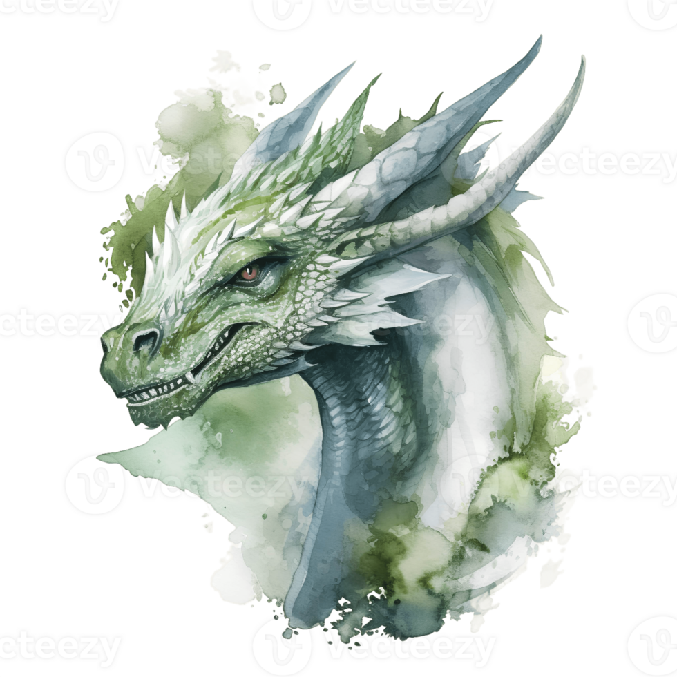 Watercolor portrait of a green ferocious dragon isolated on the background. Generative AI. png