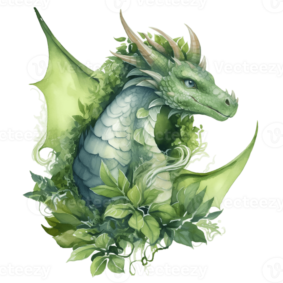 aquarelle vert dragon dans feuilles isolé sur le Contexte. génératif ai. png