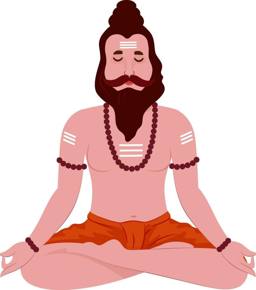 Indian Sage Sadhu Meditating In Padmasana Pose. vector