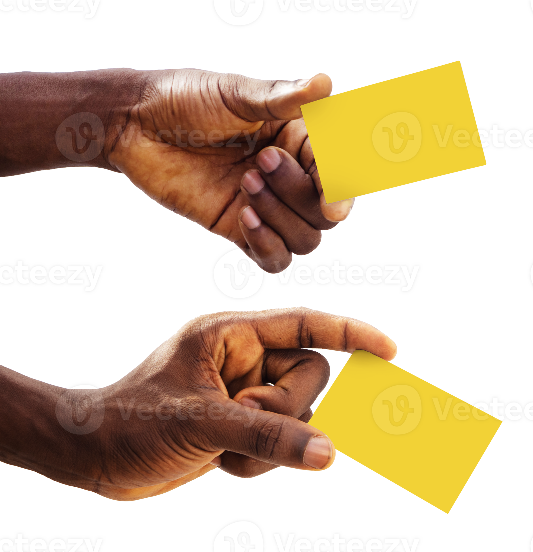 closeup of Black hands holding blank yellow cards isolated on transparent background. male hand