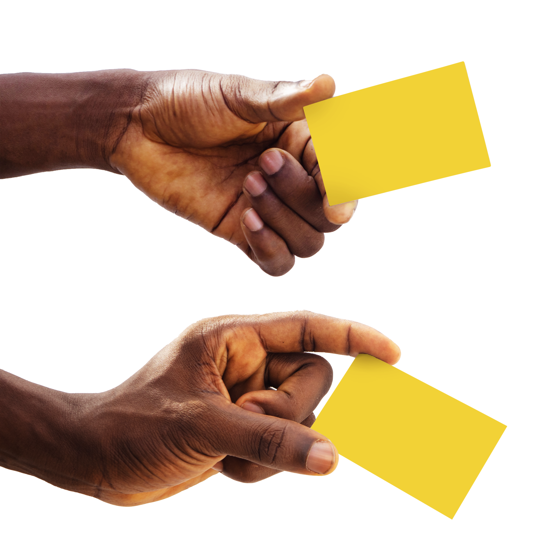 closeup of Black hands holding blank yellow cards isolated on transparent background. male hand