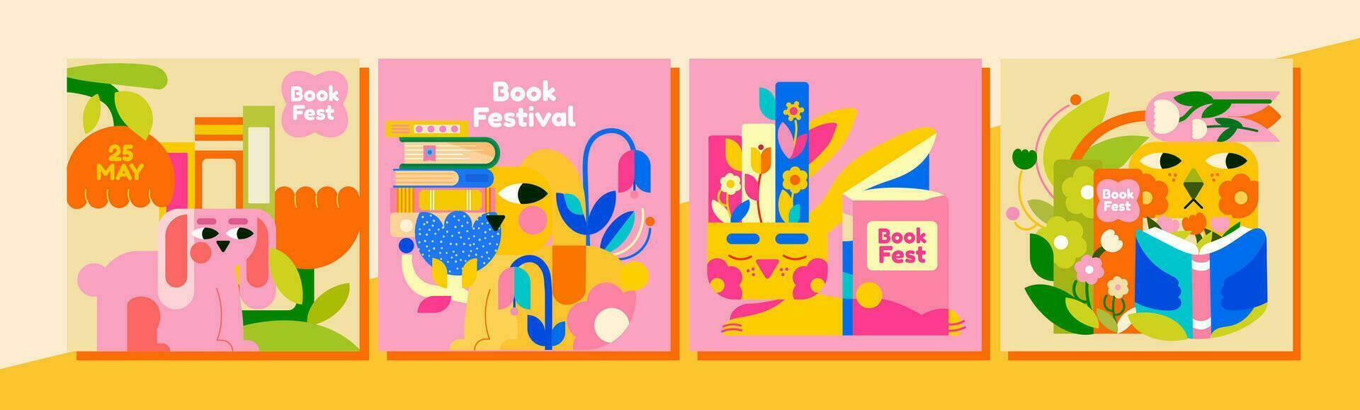 4 templates for the Children's Book Festival. Cute bunnies who love books. Bright colors and many flowers around the bunnies mean pleasure from the reading process and a blooming imagination. vector