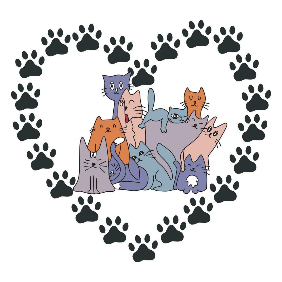 Cute cats in the heart of paws. Vector