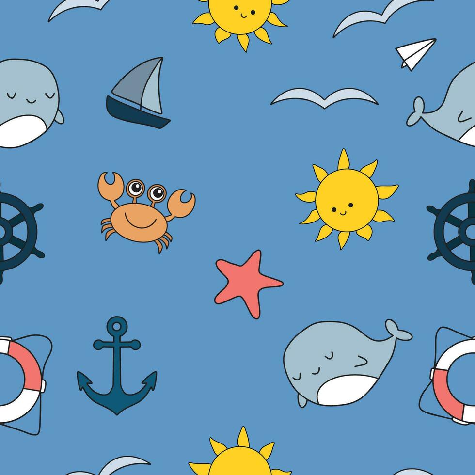 Cartoon marine elements seamless pattern. Nautical objects. Kids wrapping paper. Vector