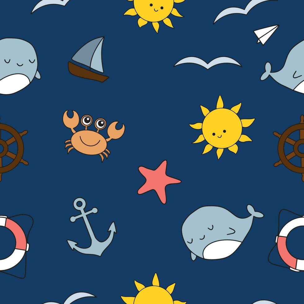 Cartoon marine elements seamless pattern. Nautical objects. Kids wrapping paper. Vector