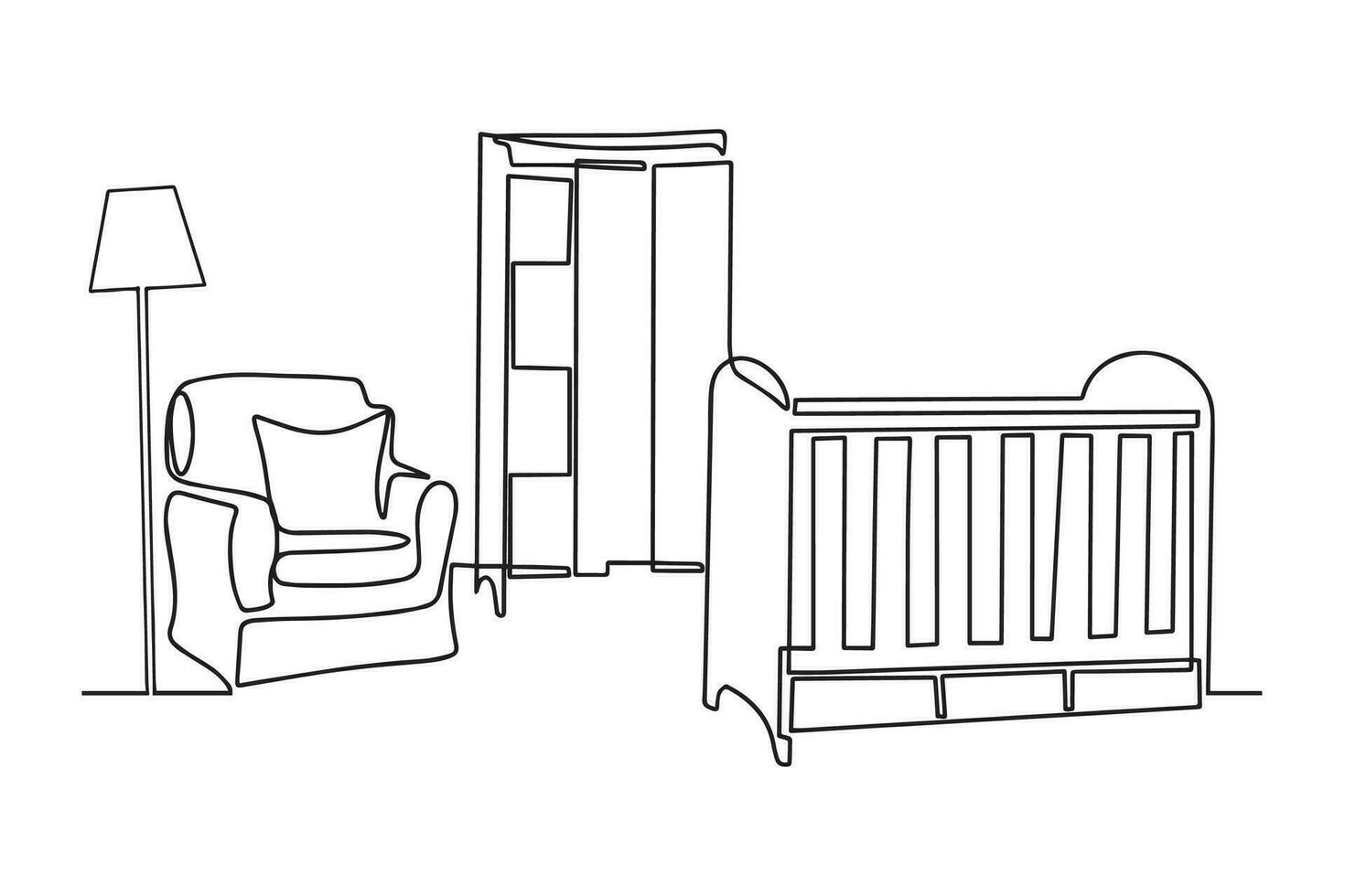 Children's room in the outline style. Vector illustration. Plan of furniture arrangement. Linear interior. Vector