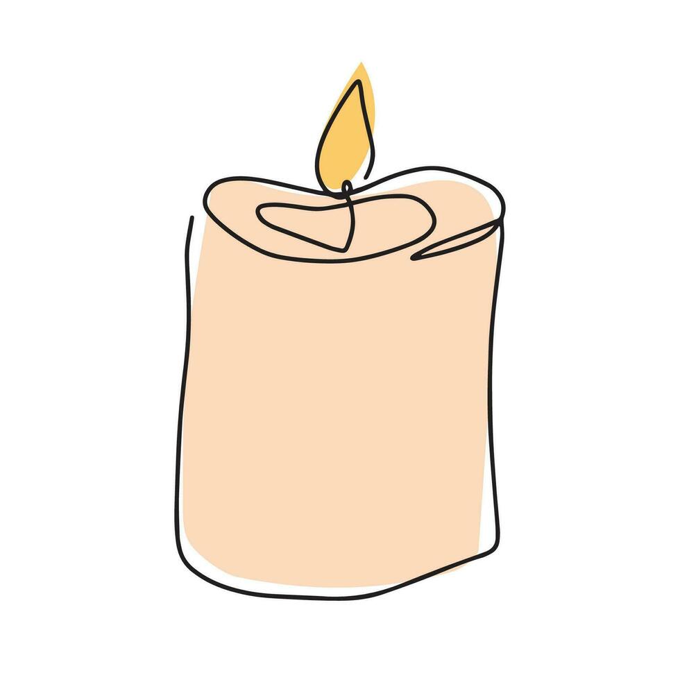 Burning fire candle. Candle light continuous one line drawing art. Vector