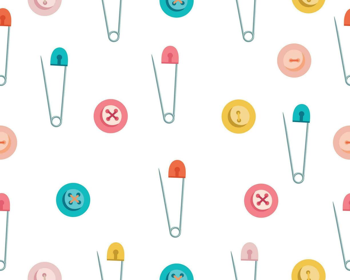 Vector seamless pattern using sewing tools. Illustration of safety pins, needles and buttons. Vector illustration in a flat style. Vector