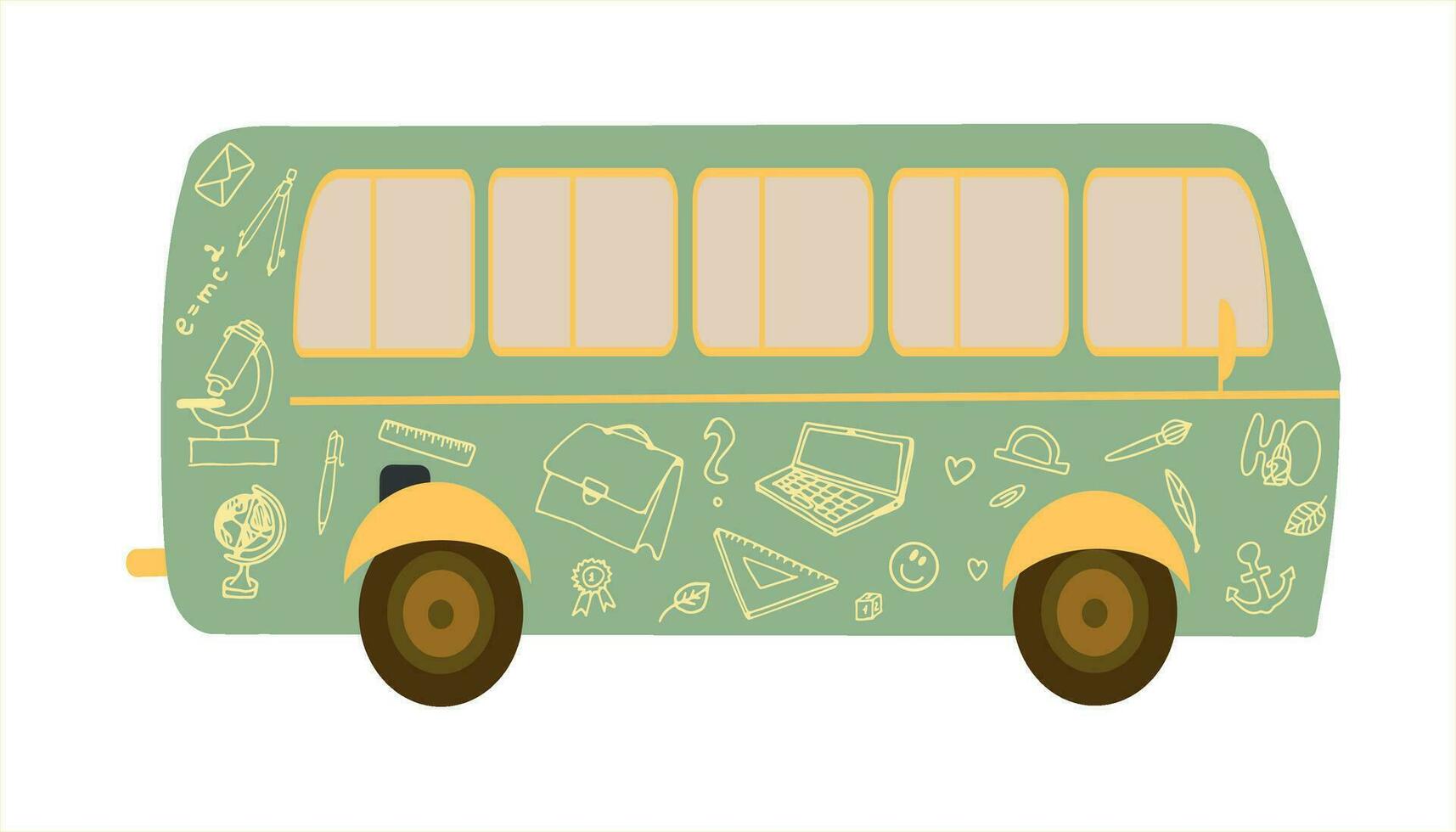 School bus on a white background. Vector flat illustration. Illustration of a logo with a school bus icon. Bus with drawings of school doodle illustrations. Vector