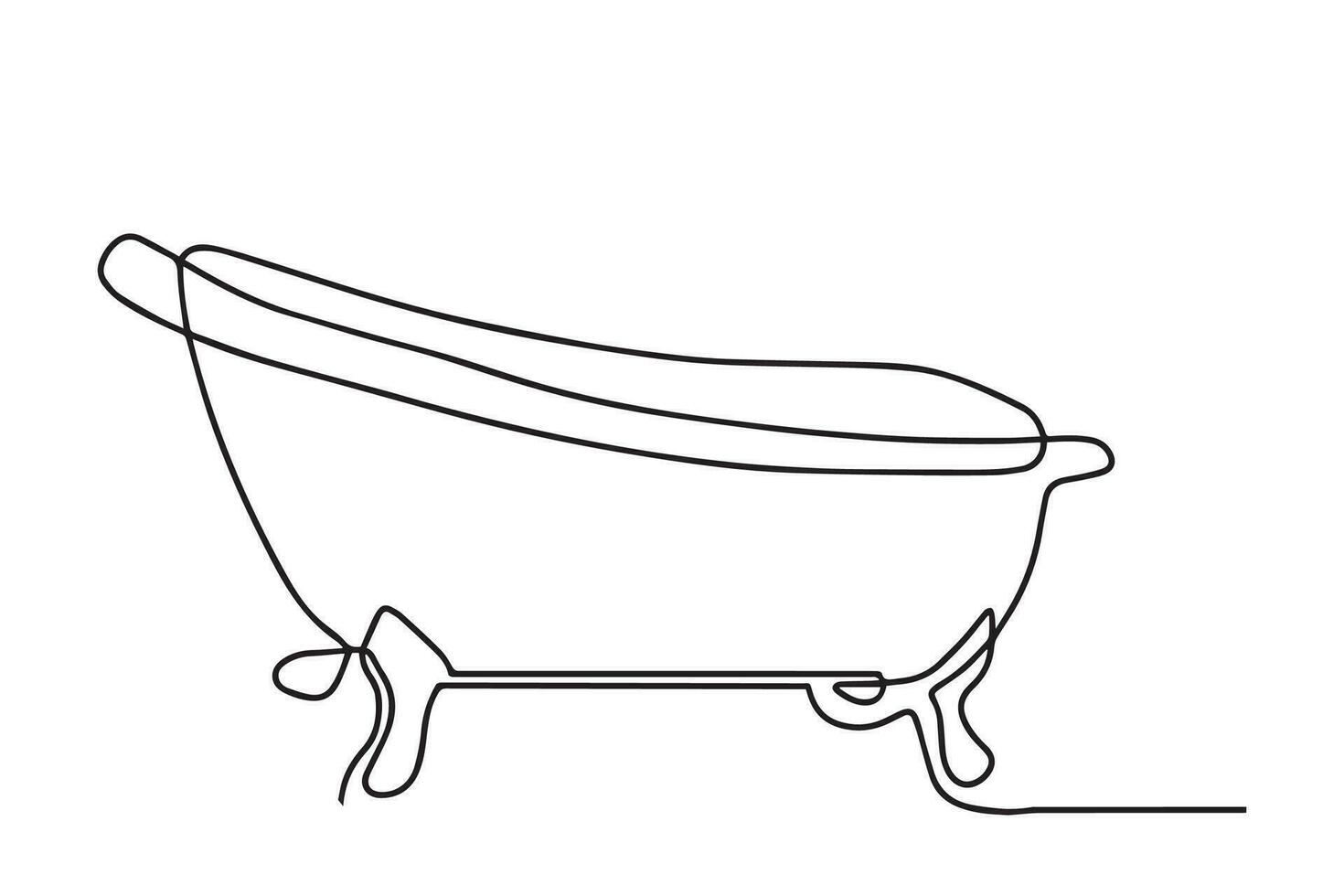 Continuous one line of bathtub in silhouette on a white background. Bathtub in continuous line art drawing style. Vector