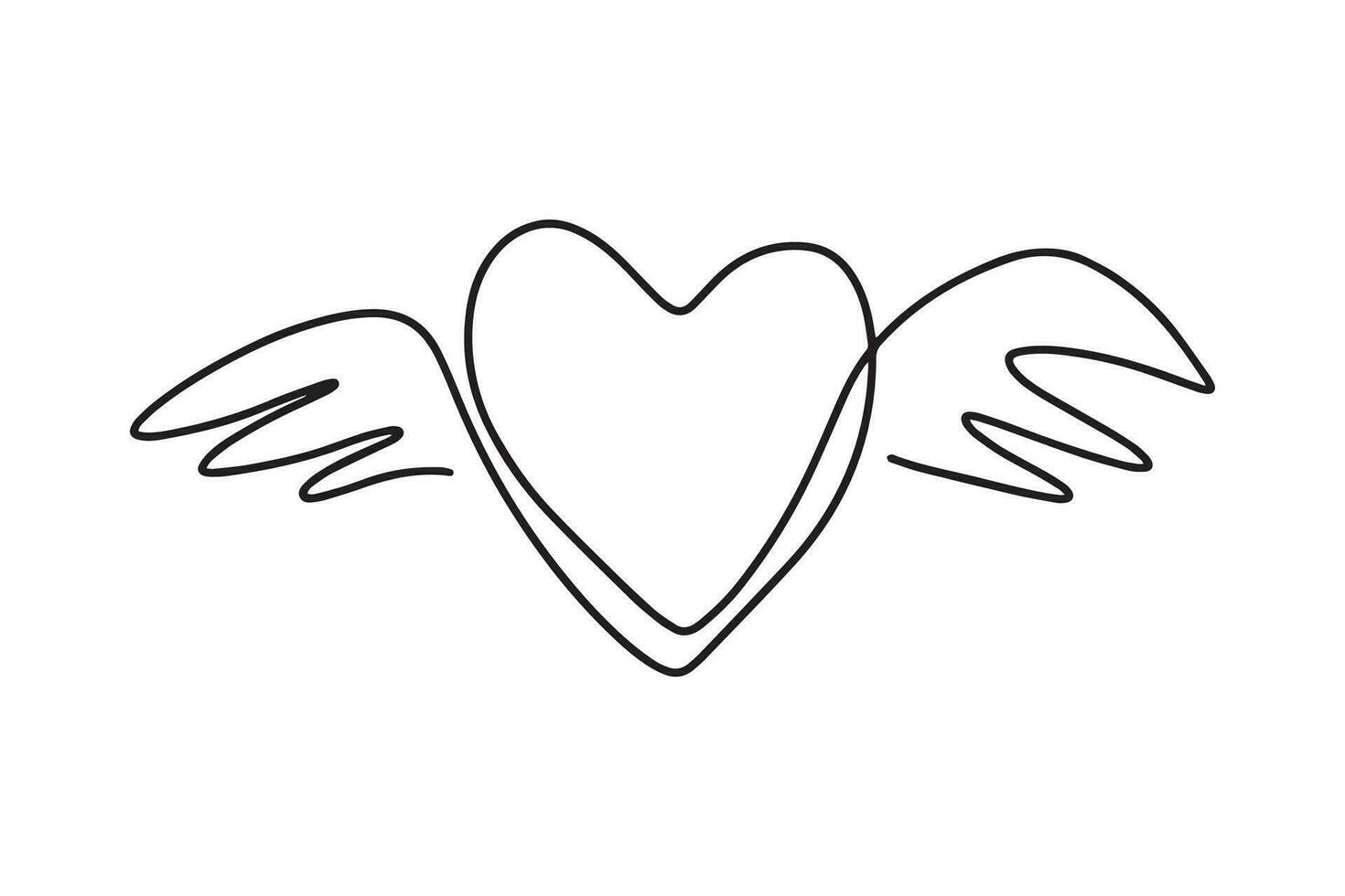 continuo línea dibujo. corazón con alas. San Valentín día. amor. negro aislado en blanco antecedentes. mano dibujado vector ilustración