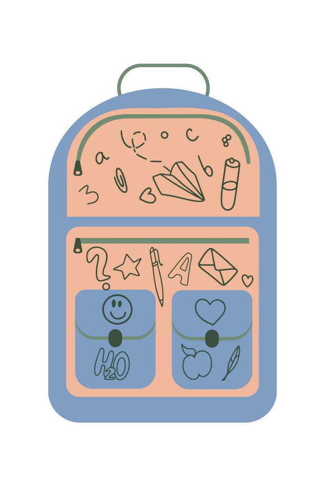 Backpack kids school icon cartoon line drawn or stamp, doodle set. Simple sign bag for school children, student, traveller and hiking tourist symbol. Design web, mobile, app vector