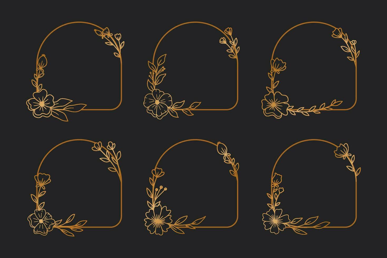 A set of Elegant gold frame with flowers and leaves line art for wedding or engagement, greeting card, or monogram logo design vector