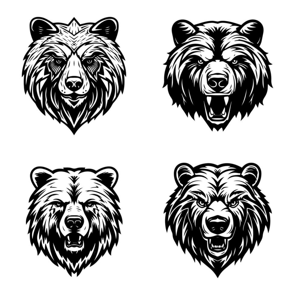 Bear hand drawn logo design illustration with a rustic charm, perfect for outdoor brands and adventure themed businesses. Wilderness, strength, nature inspired, rugged, versatile. vector