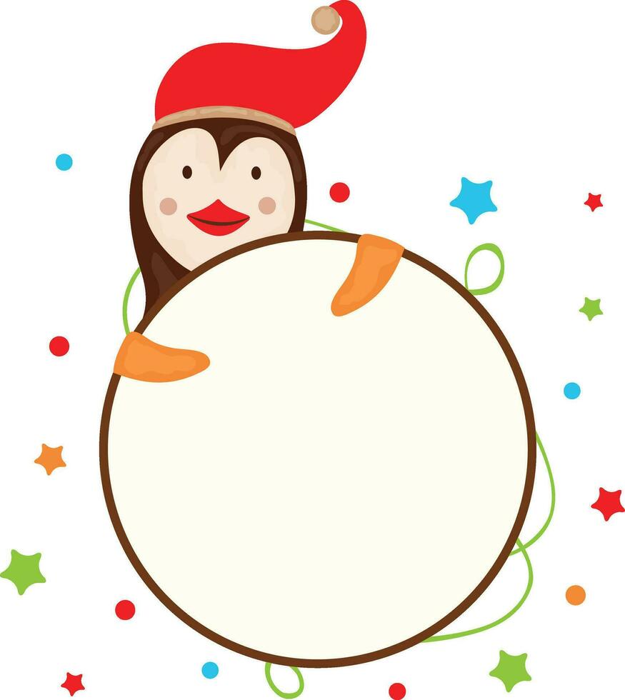 Character of penguin wearing hat and holding frame. vector