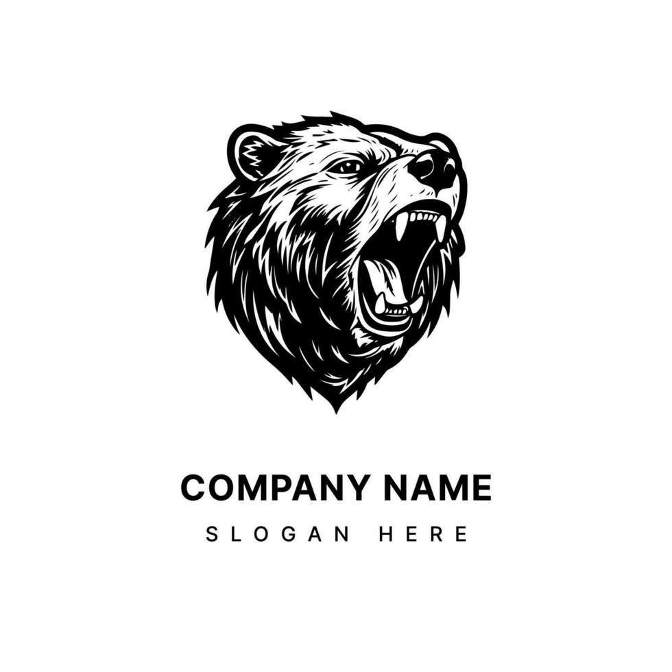 Bear hand drawn logo design illustration with a rustic charm, perfect for outdoor brands and adventure themed businesses. Wilderness, strength, nature inspired, rugged, versatile. vector